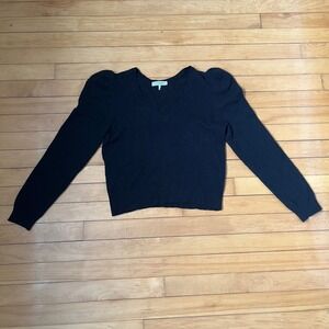 FRAME Noir Black 100% Cashmere Puff Shoulder V-Neck Sweater LWSW1183 Small